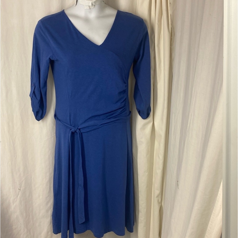 KUHL L SALZA Dress Royal Blue Purple Belt Tie Ruched Tab Sleeve Outdoor Midi